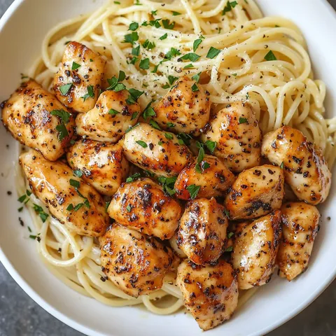 A bowl of chicken and spaghetti.