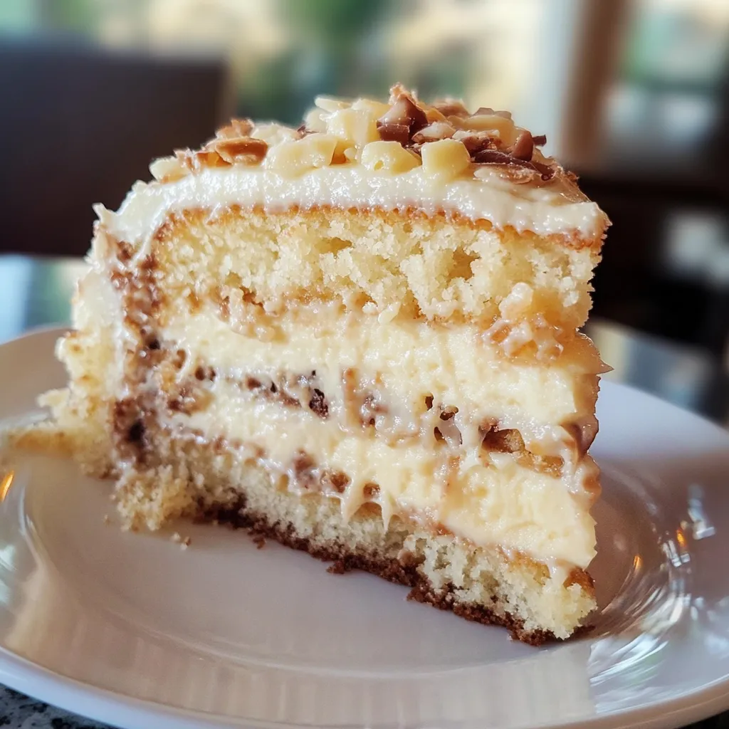 A slice of white German chocolate cake.