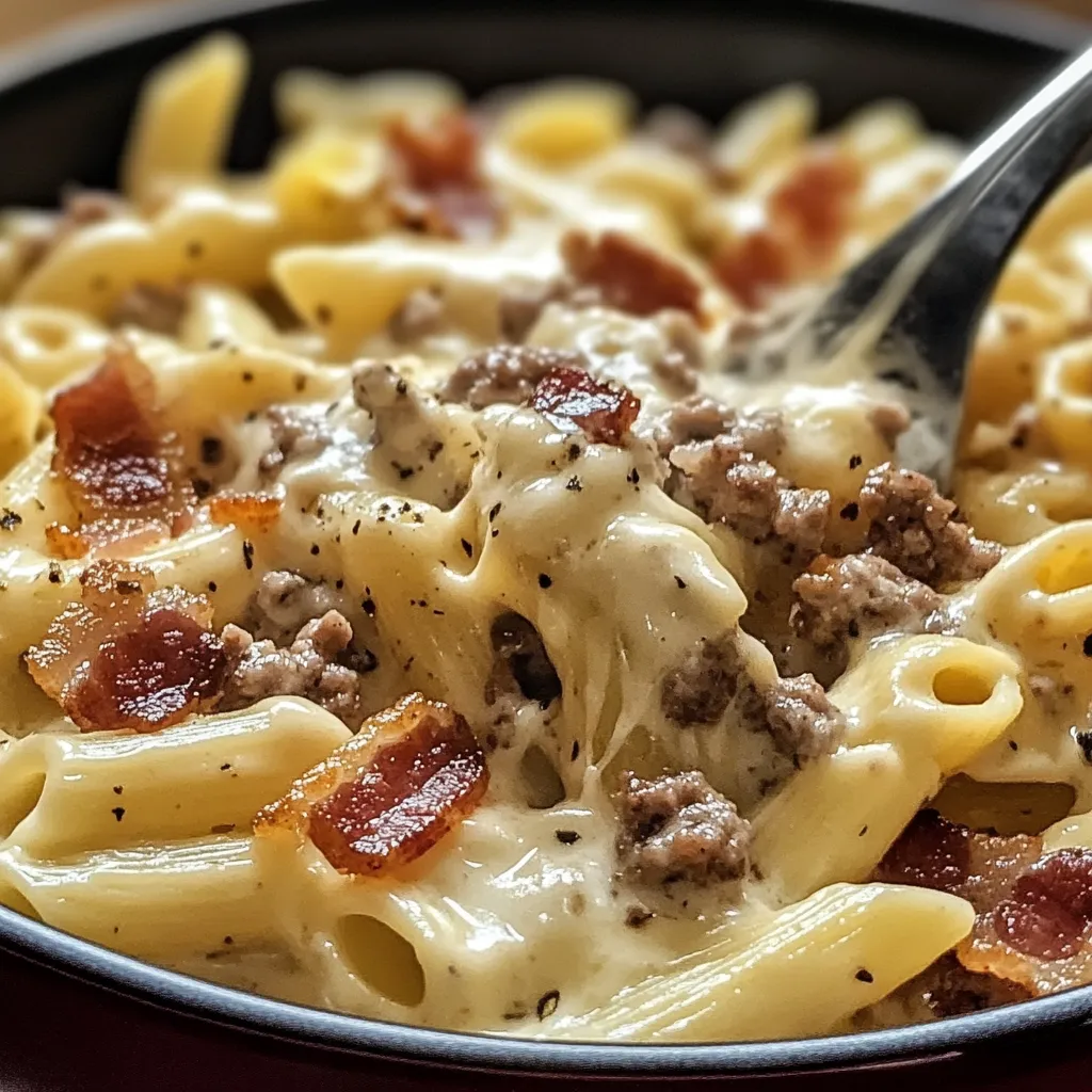 A bowl of pasta with bacon and cheese.
