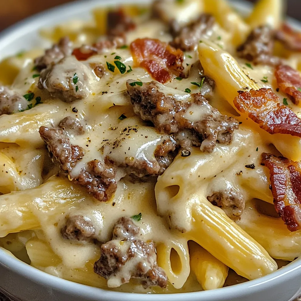 A bowl of pasta with bacon and cheese.