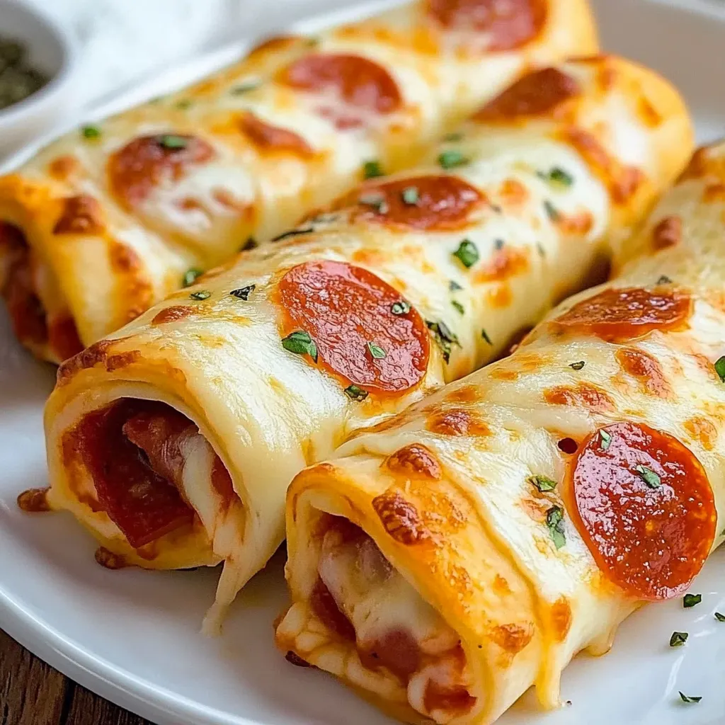 Two pepperoni pizza rolls on a plate.