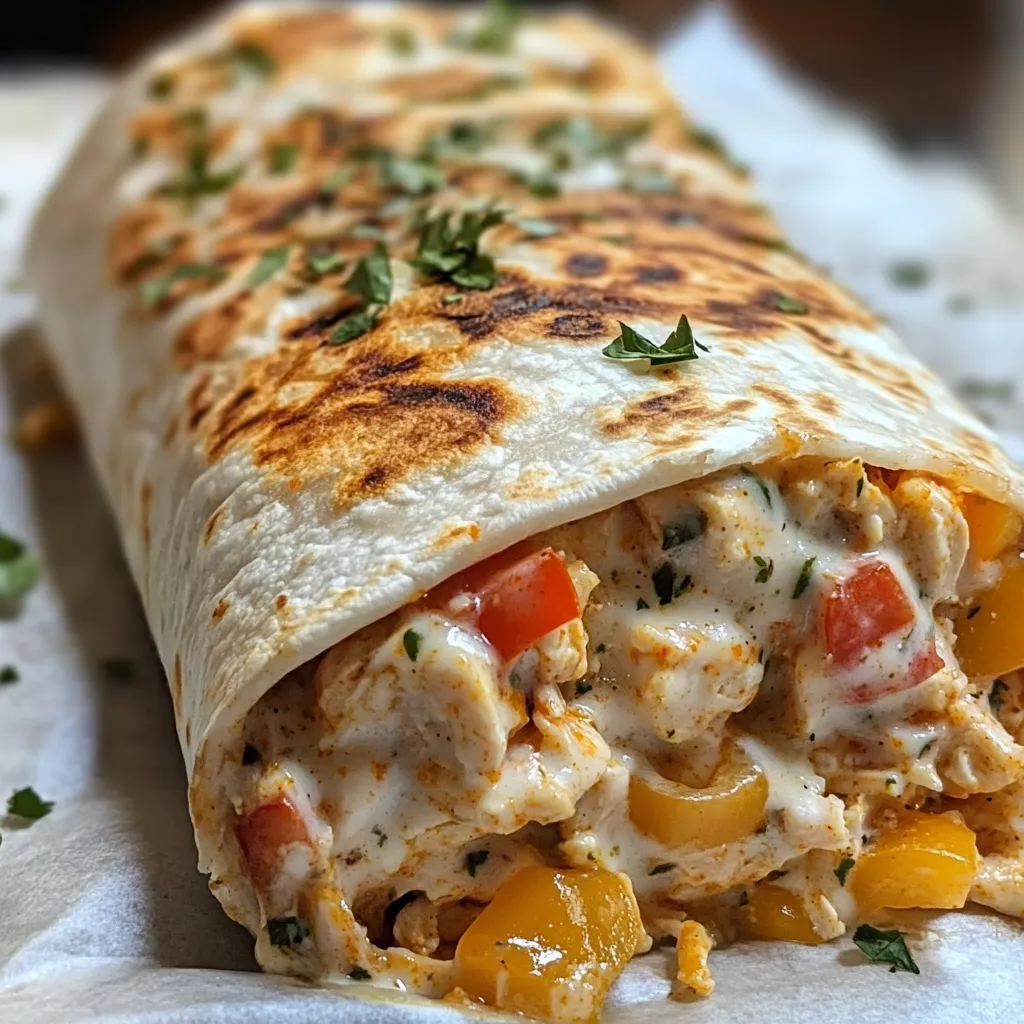 A burrito with chicken, bell peppers and ranch dressing.