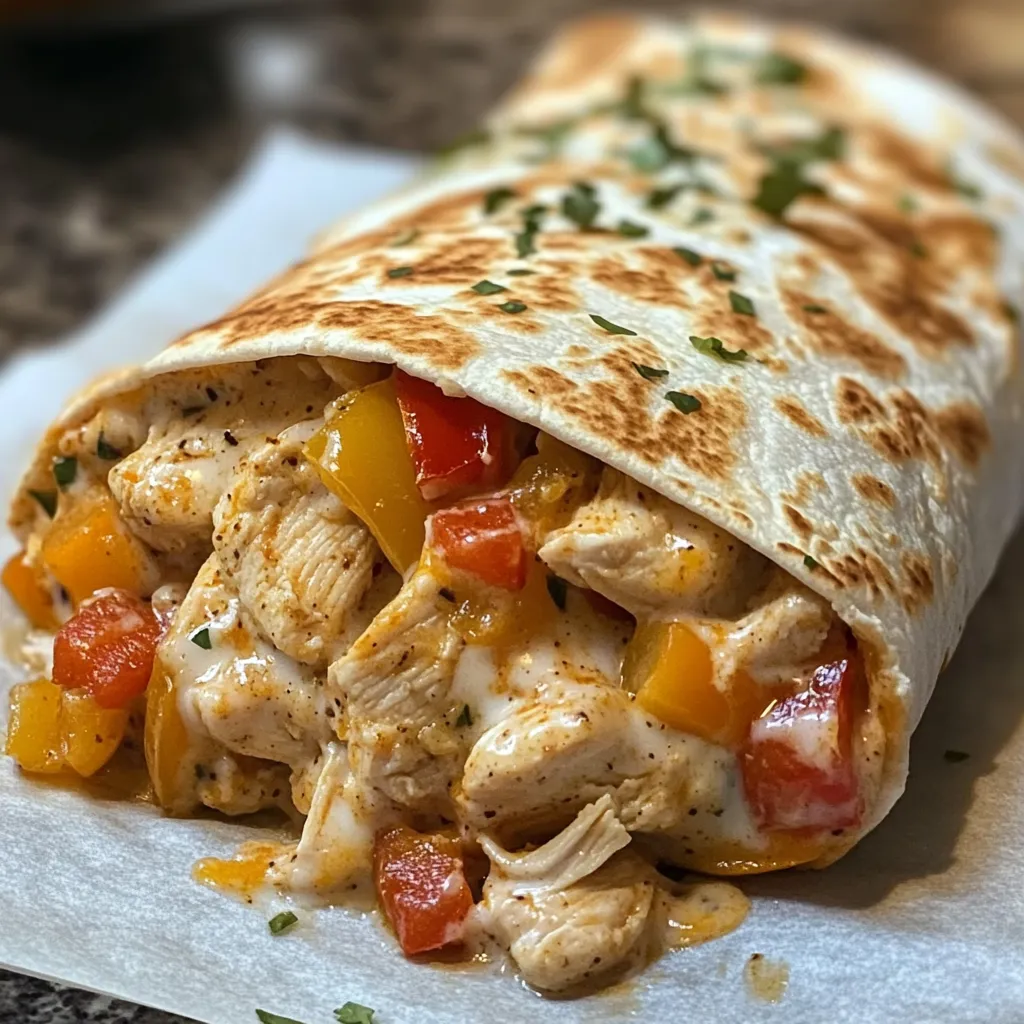 A burrito filled with chicken, bell peppers, and ranch dressing.