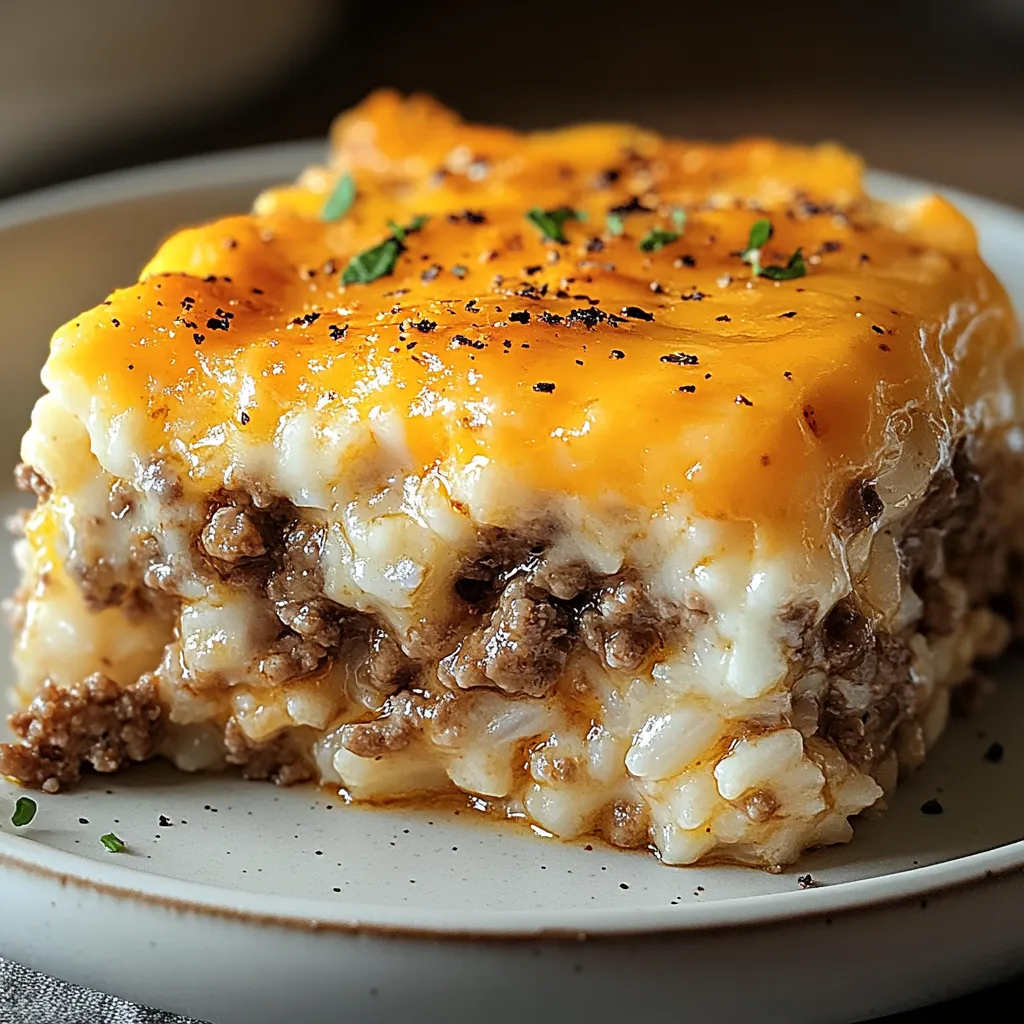 A slice of cheesy casserole on a plate.
