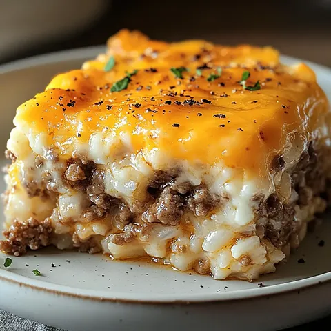 A slice of cheesy casserole on a plate.
