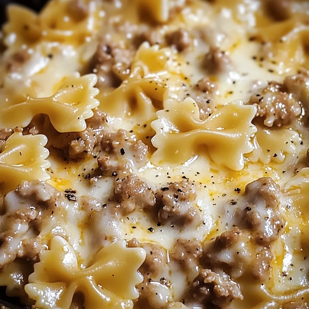 A bowl of macaroni and cheese with meat.