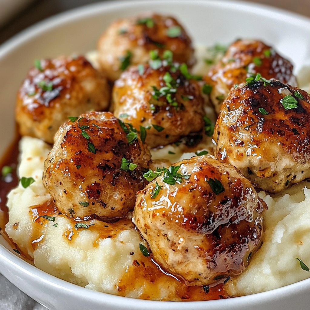 A bowl of mashed potatoes with chicken meatballs on top.