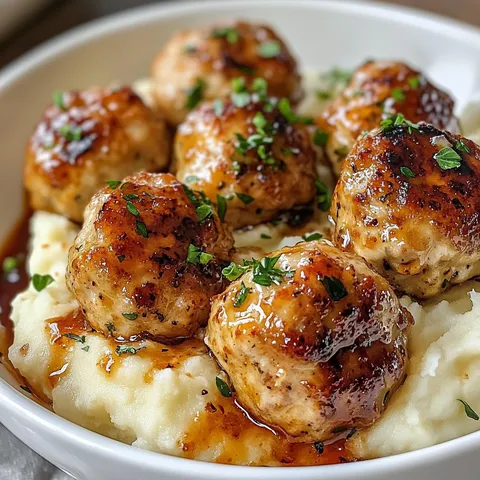 A bowl of mashed potatoes with chicken meatballs on top.