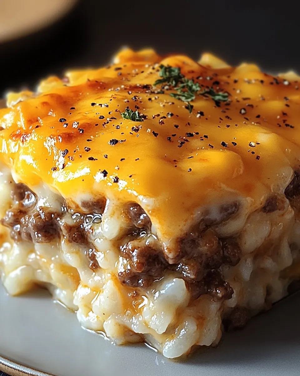 A cheesy casserole with meat and vegetables.