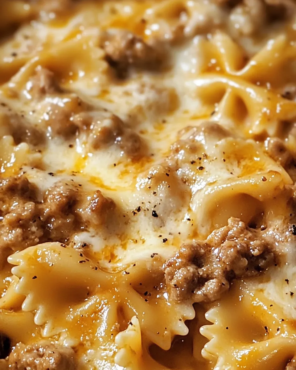 A close up of a pasta dish with meat and cheese.