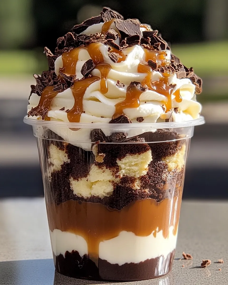 A cup of ice cream with chocolate and caramel toppings.