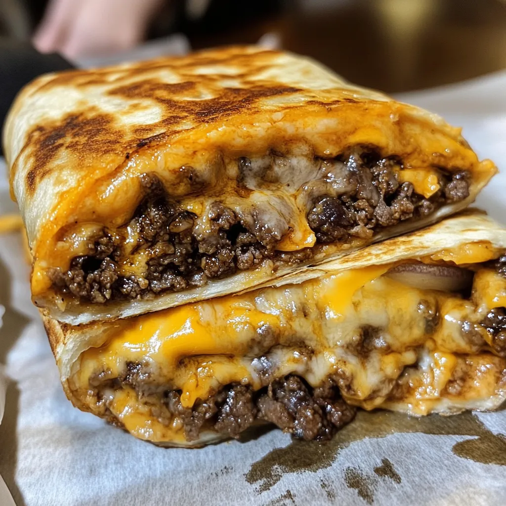 A close up of a nacho cheese beef wrap.