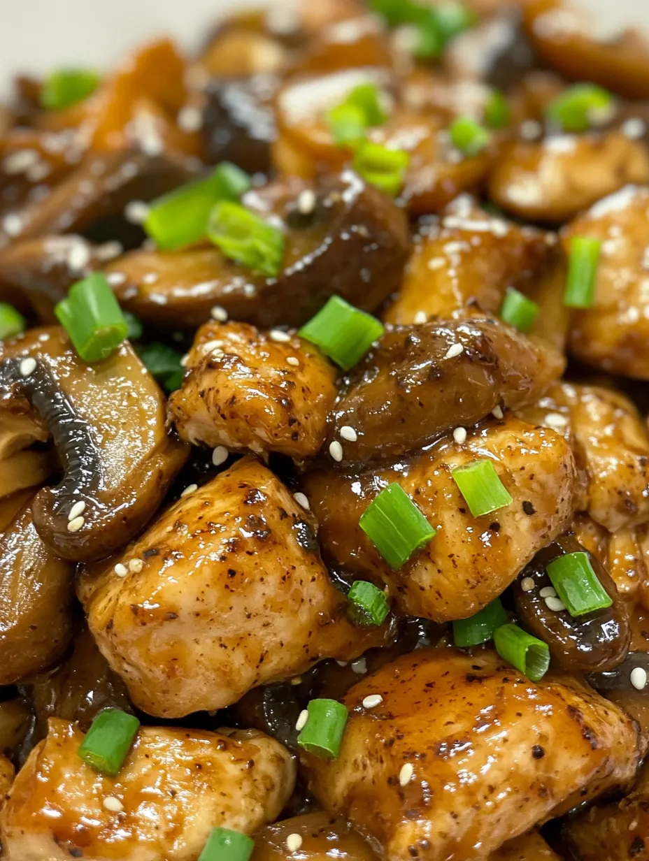 A plate of food with mushrooms and chicken.