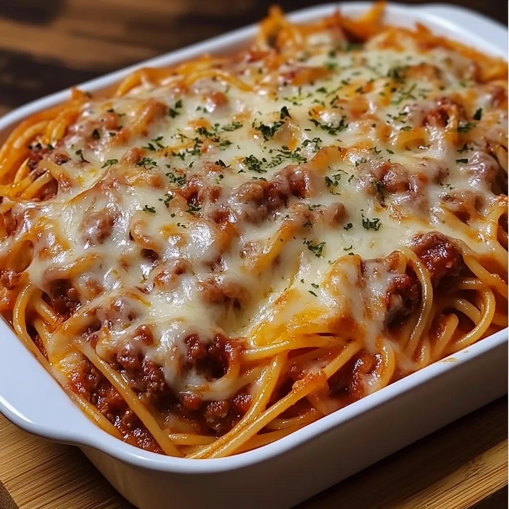 A baked cream cheese spaghetti casserole.