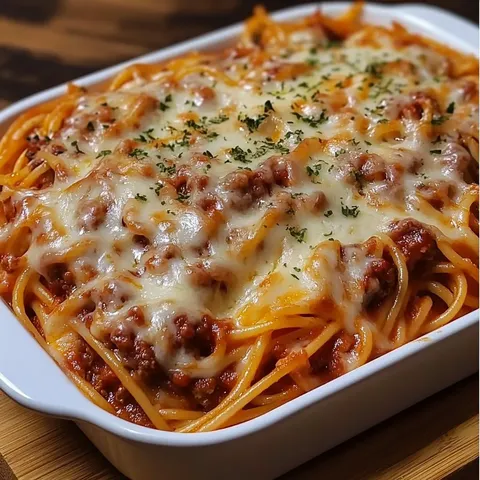 A baked cream cheese spaghetti casserole.