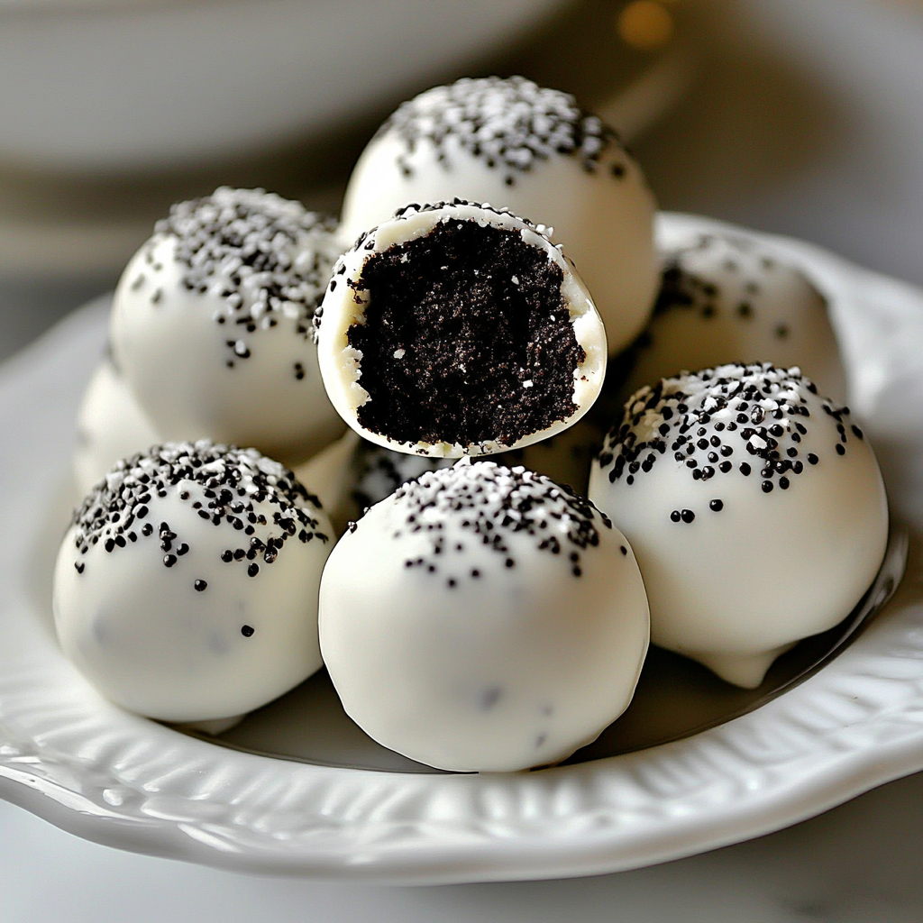 A plate of Oreo balls with cream cheese.