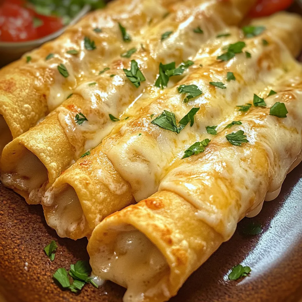 Baked cream cheese chicken taquitos on a plate.