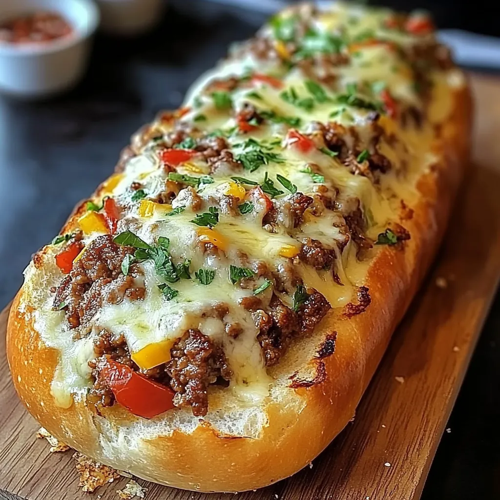 A cheesesteak-stuffed garlic bread loaf.