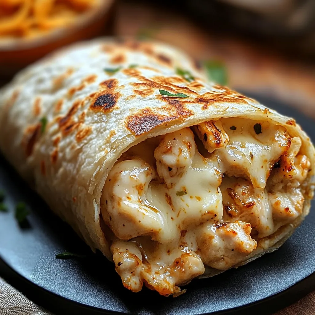 A cheesy garlic chicken wrap on a plate.