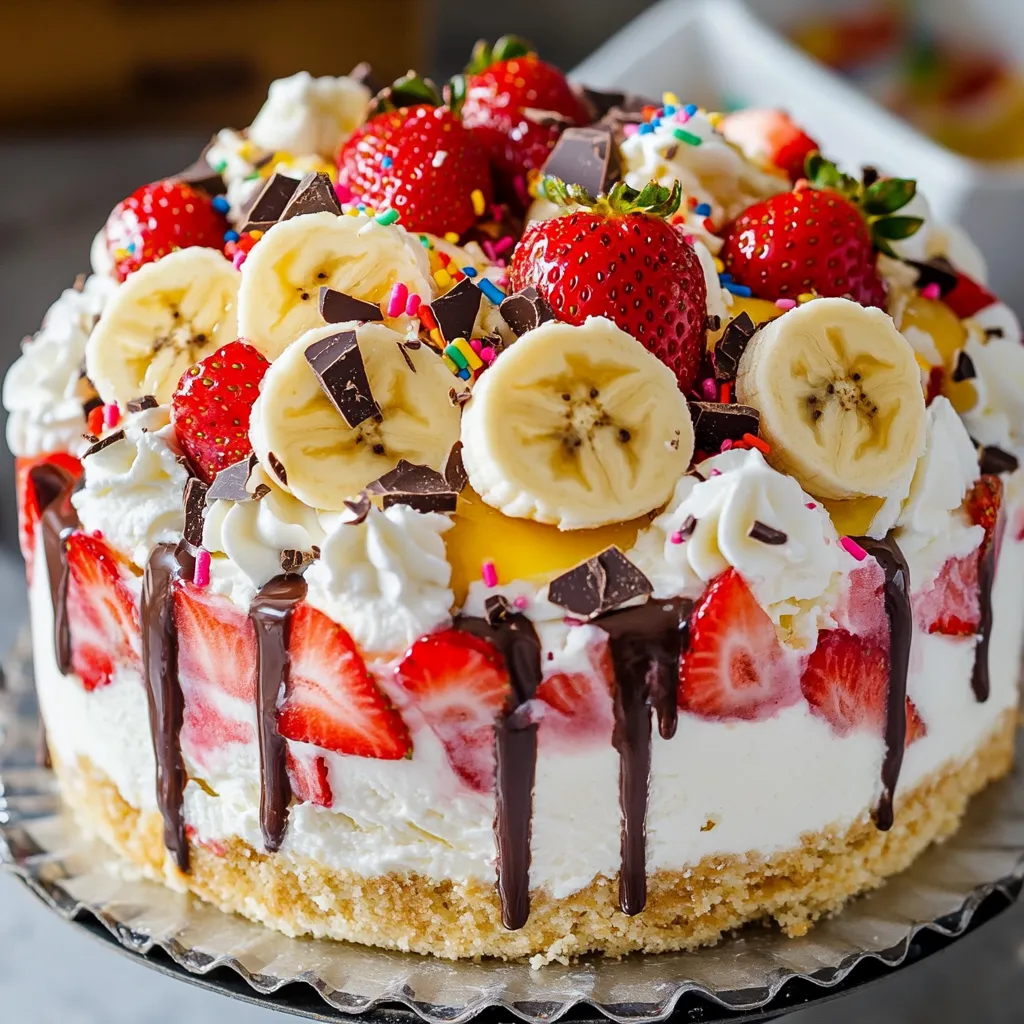 A cake with bananas, strawberries, and chocolate.