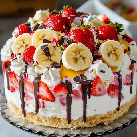 A cake with bananas, strawberries, and chocolate.