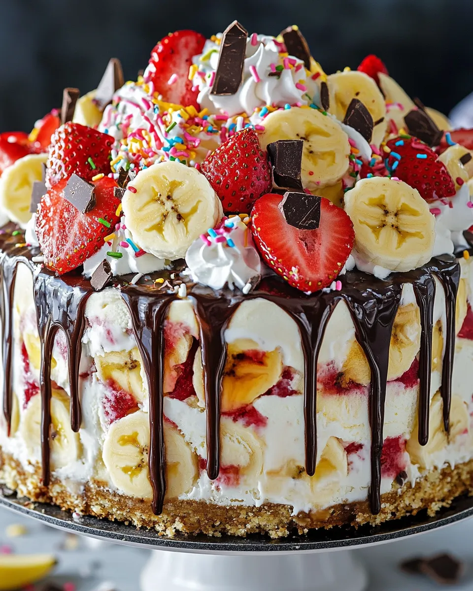 A cake with bananas, strawberries, and chocolate.