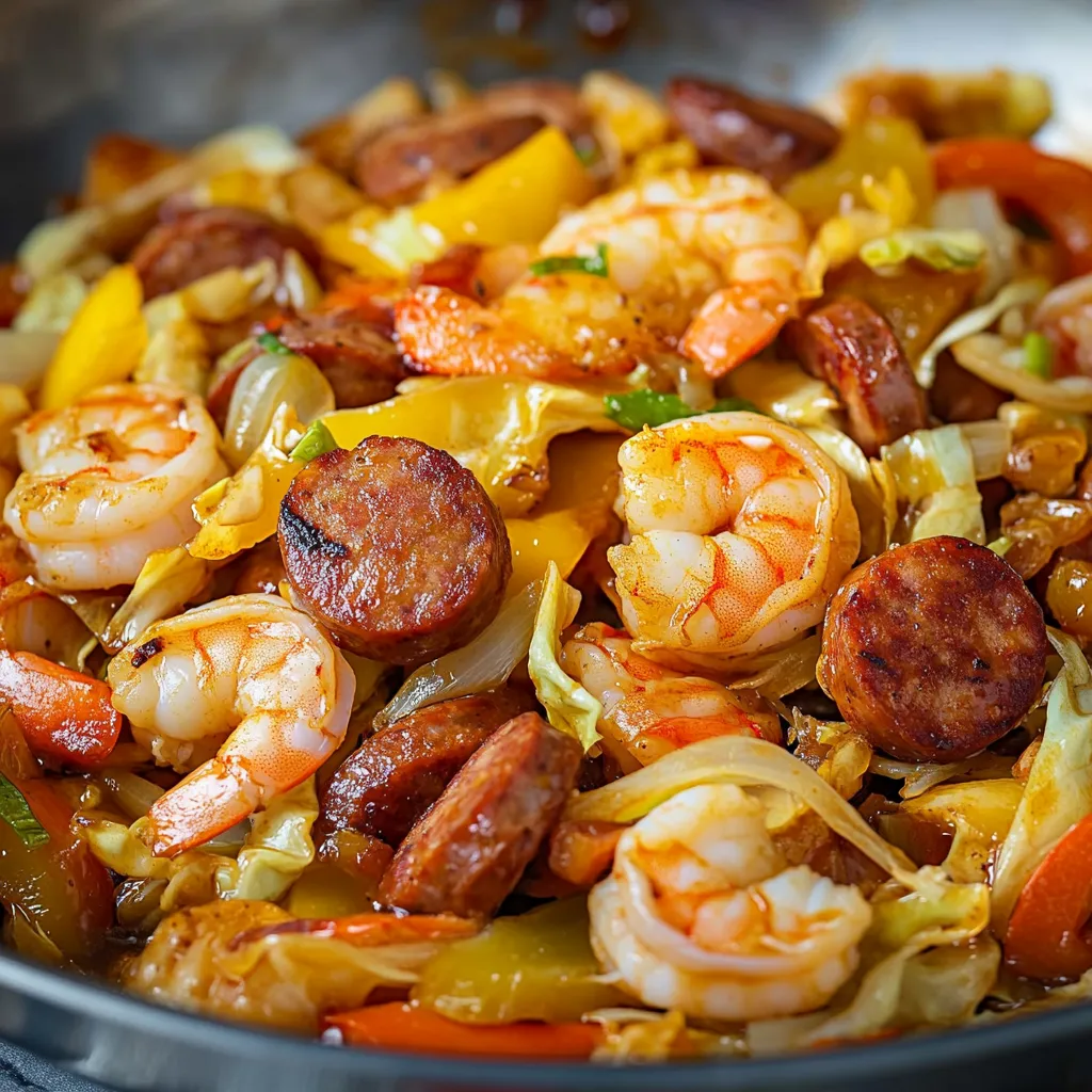 A bowl of food with shrimp, sausage, and peppers.