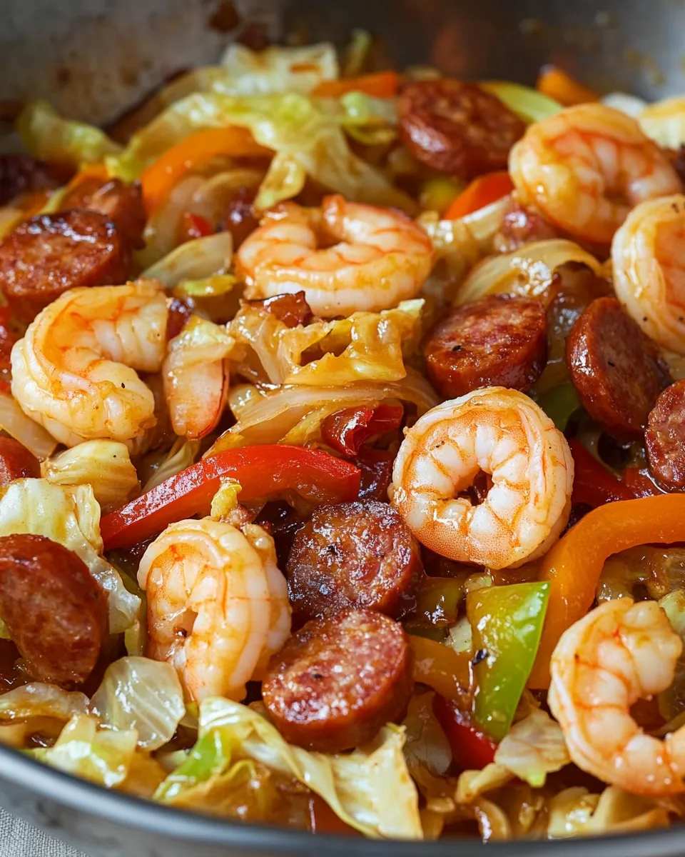 A bowl of shrimp and sausage with vegetables.