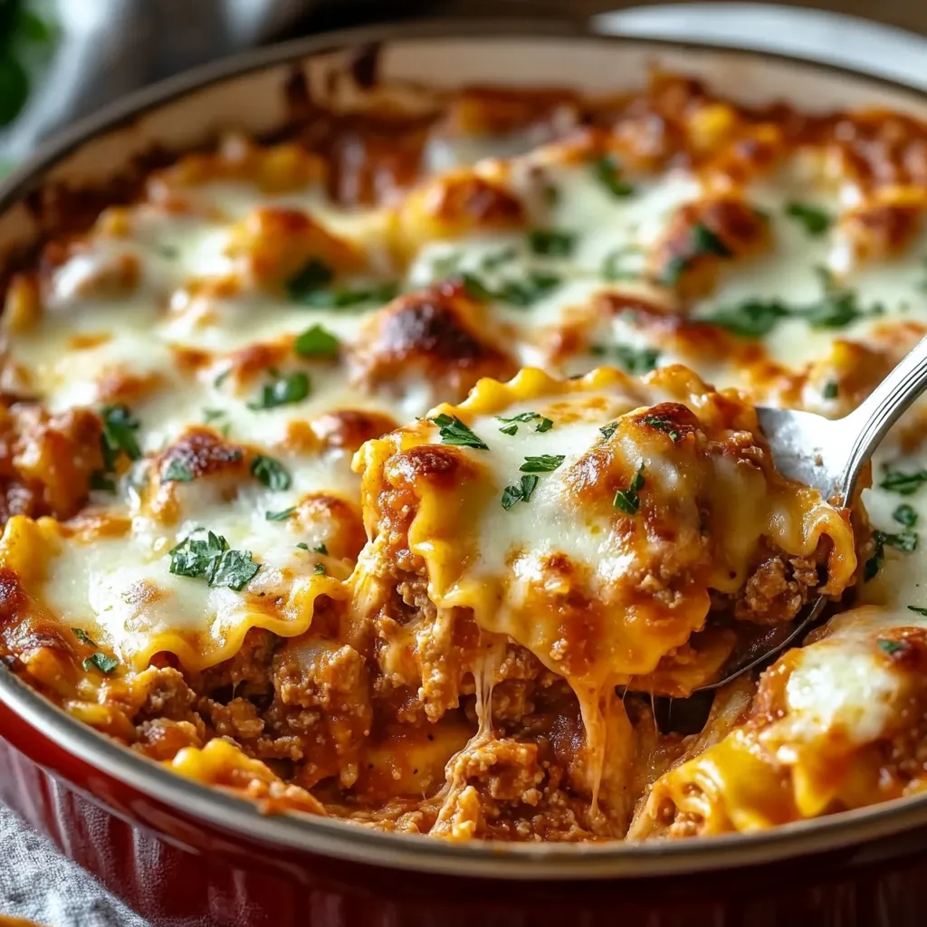 A delicious looking casserole with cheese and meat.