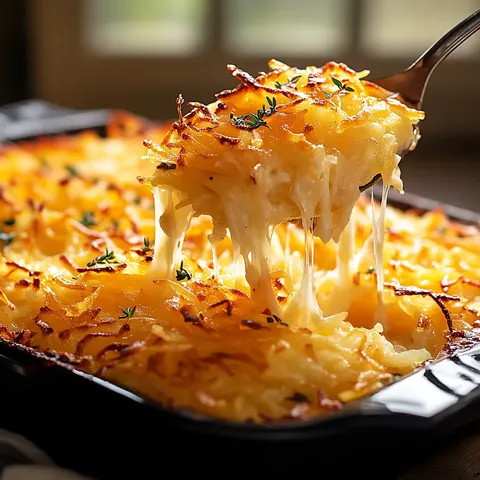 A fork is in a cheesy hashbrown casserole.