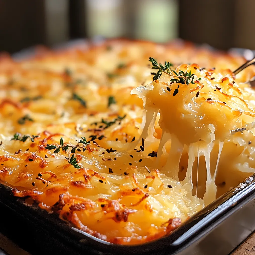 A close up of a cheesy hashbrown casserole.
