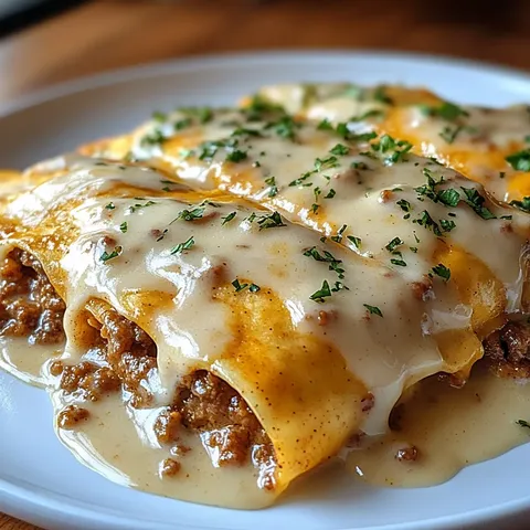 A plate of food with a sausage enchilada on it.