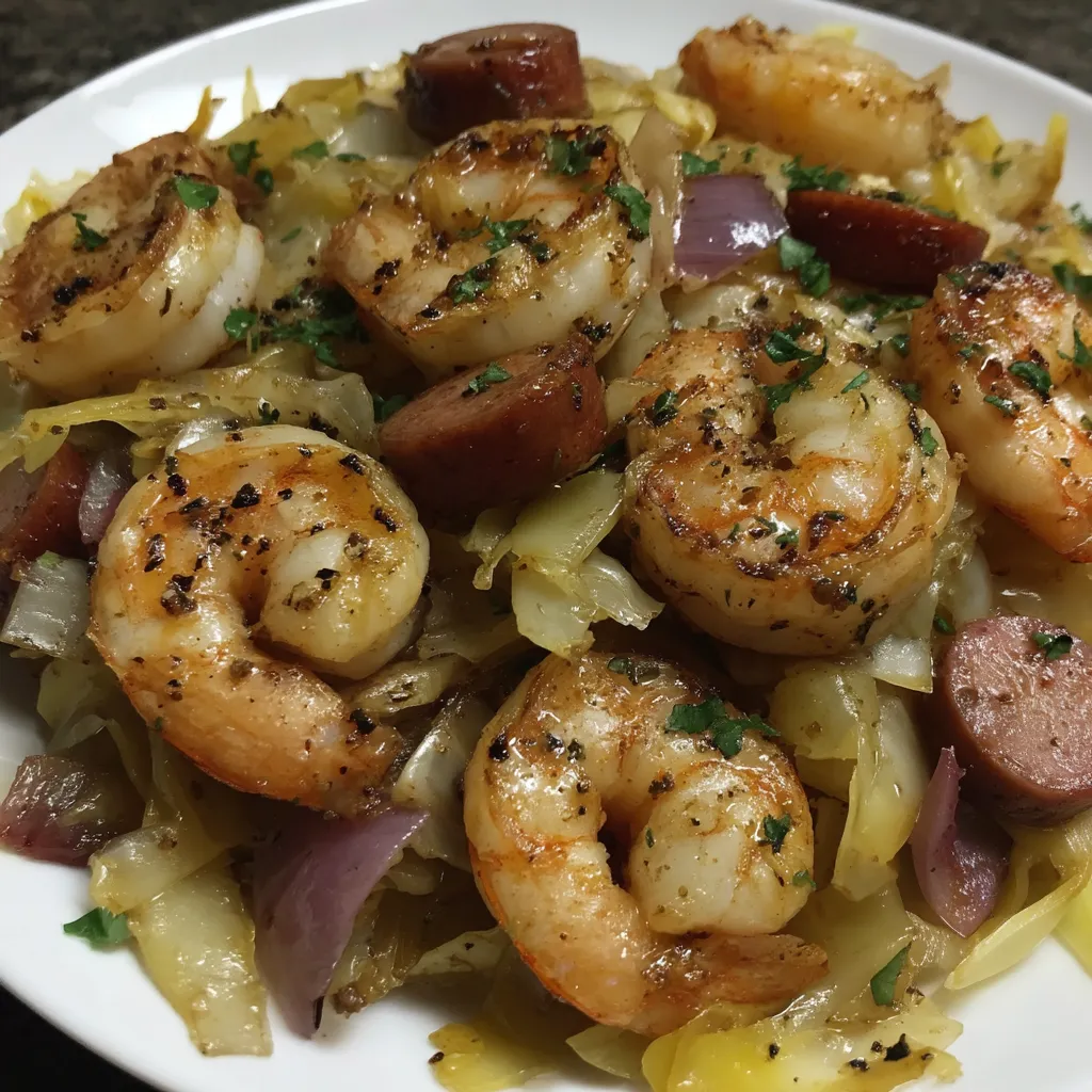 SIZZLING SHRIMP WITH CABBAGE AND SAUSAGE