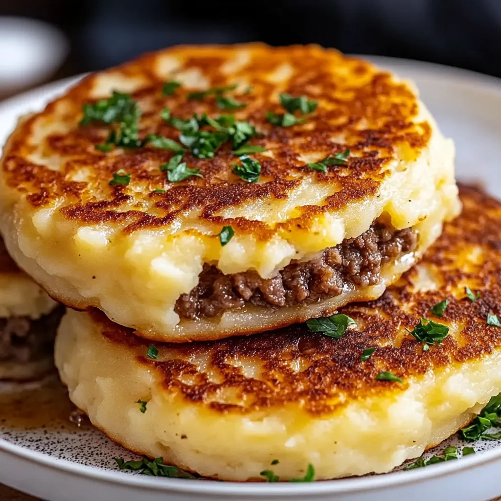 Mashed potato pancakes with meat filling.