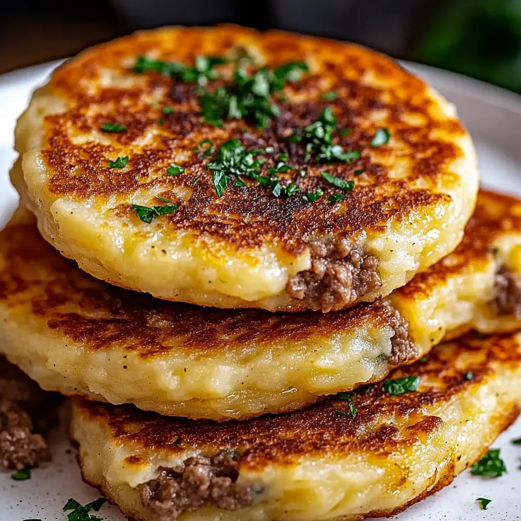 Mashed potato pancakes with meat filling.