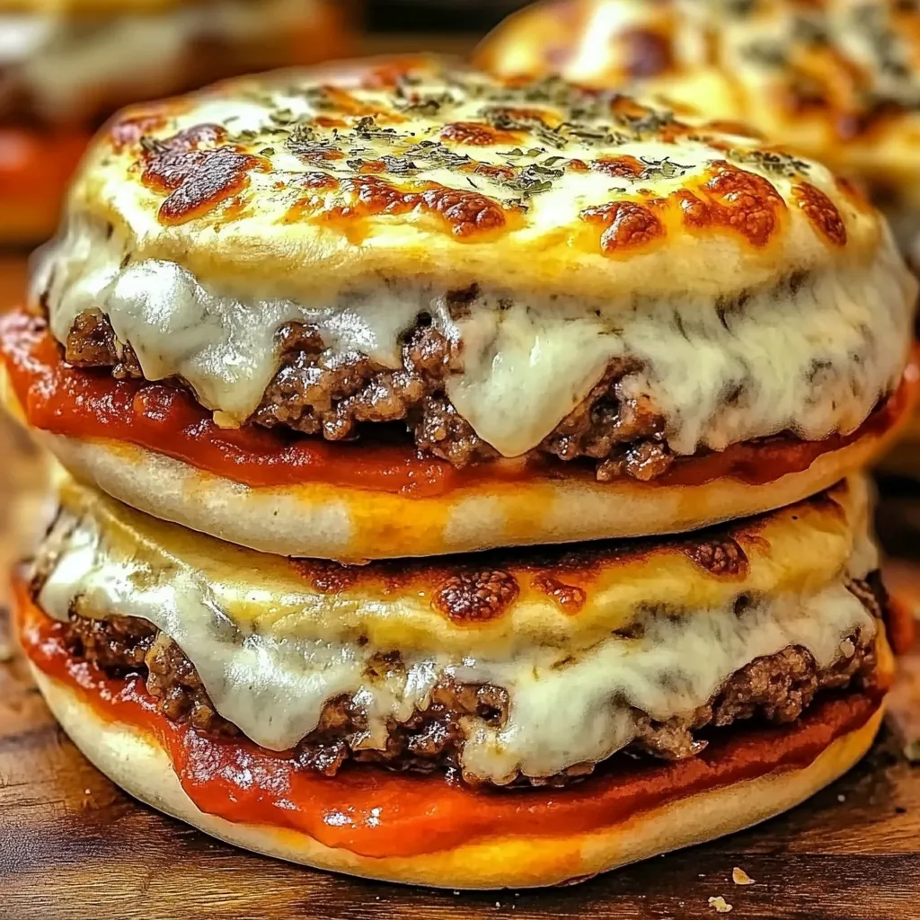 A stack of three pizza burgers.
