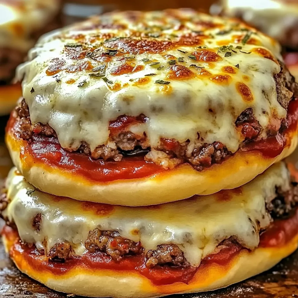 A stack of three pizza burgers.
