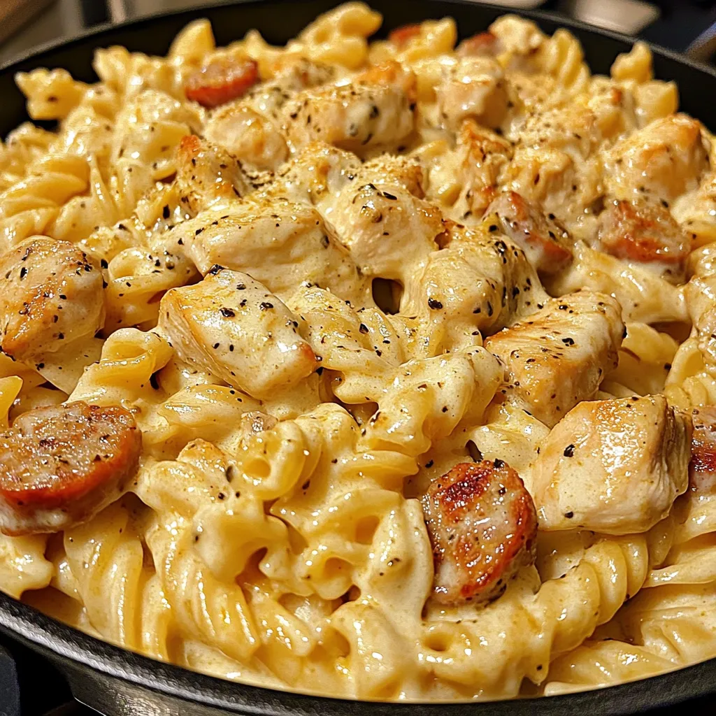 A delicious meal of creamy pepper jack chicken and sausage pasta.