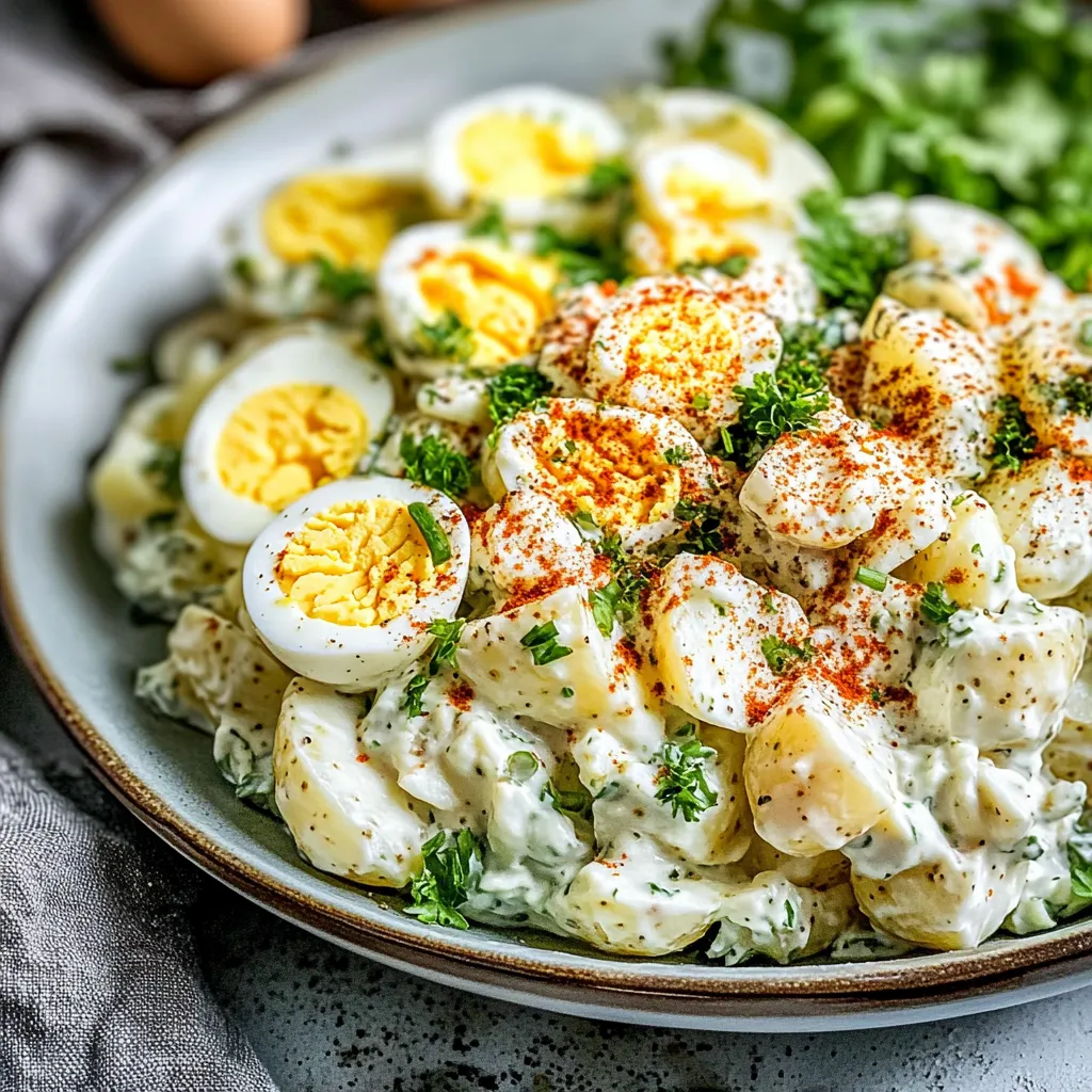 A plate of classic potato salad with eggs.