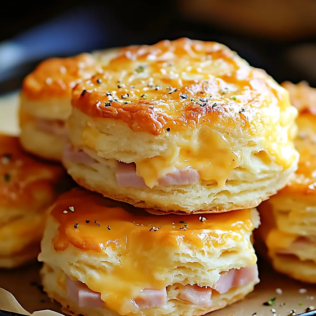 A stack of ham and cheese butter swim biscuits.