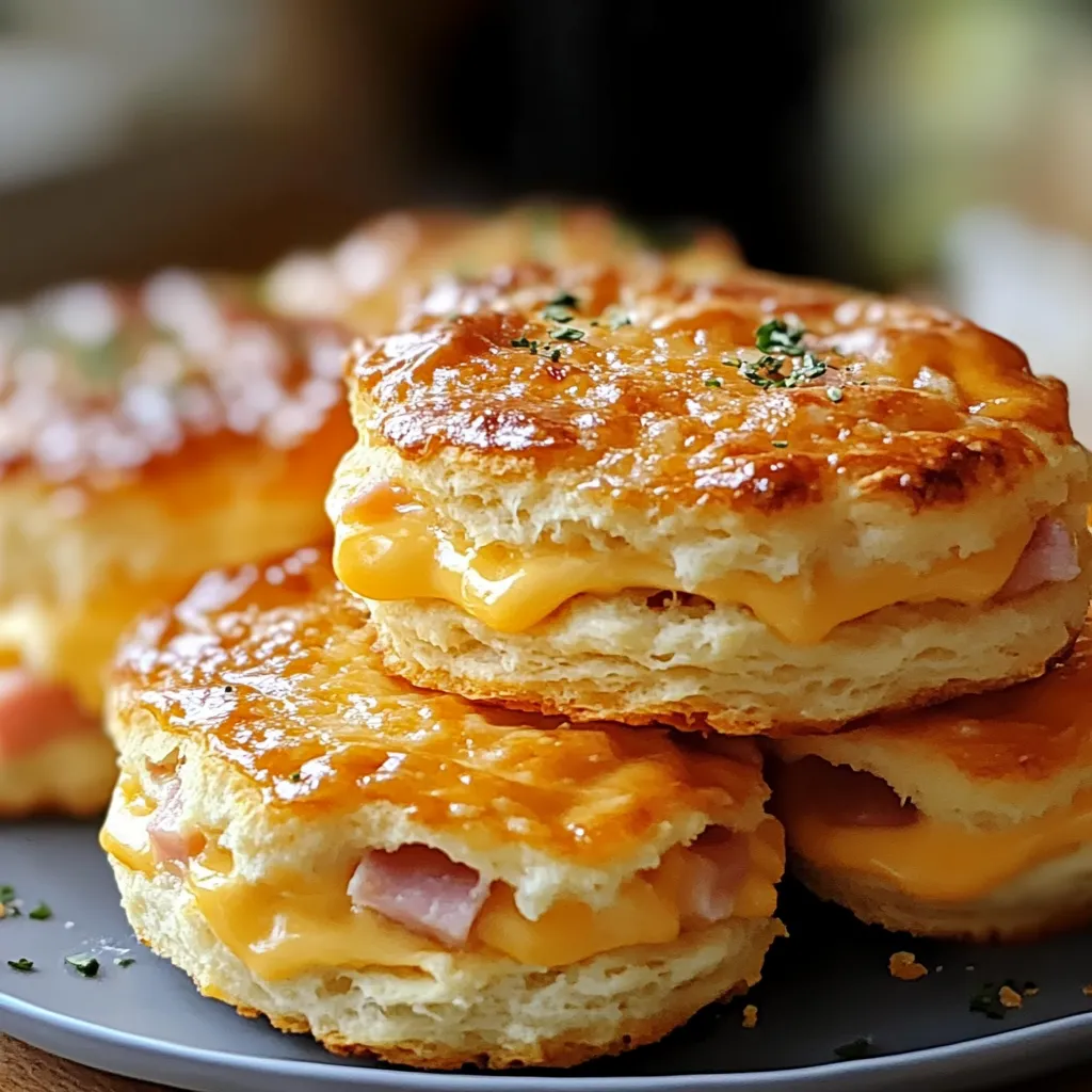 A stack of ham and cheese butter swim biscuits.