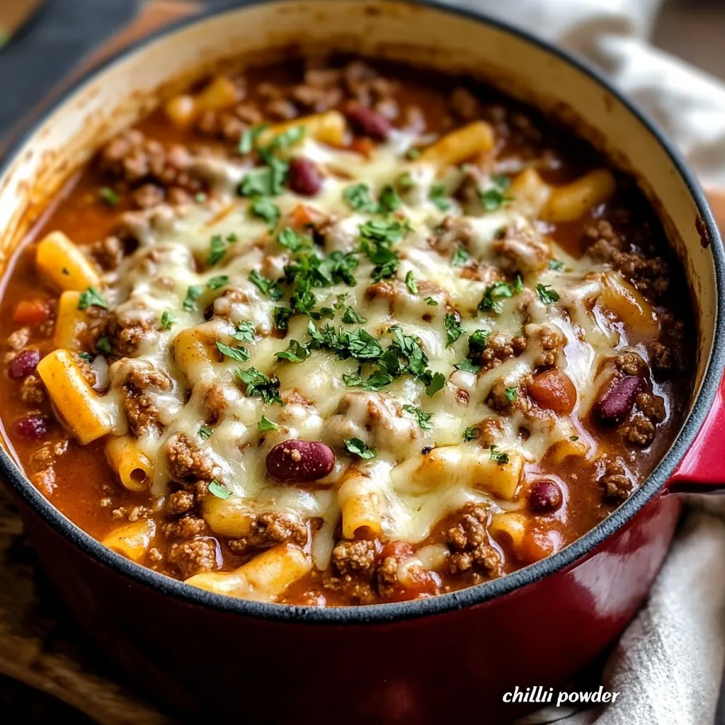 A bowl of chili mac and cheese.