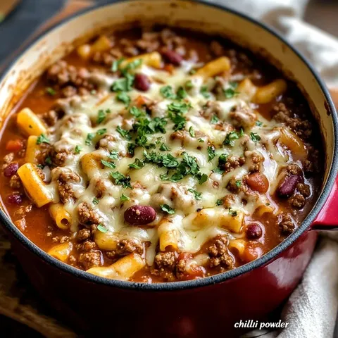 A bowl of chili mac and cheese.