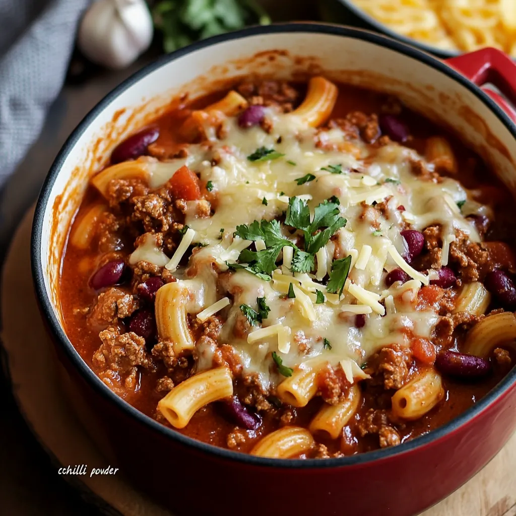 A bowl of chili mac and cheese.