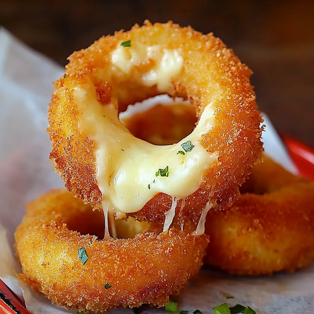 Cheesy stuffed mozzarella onion rings.