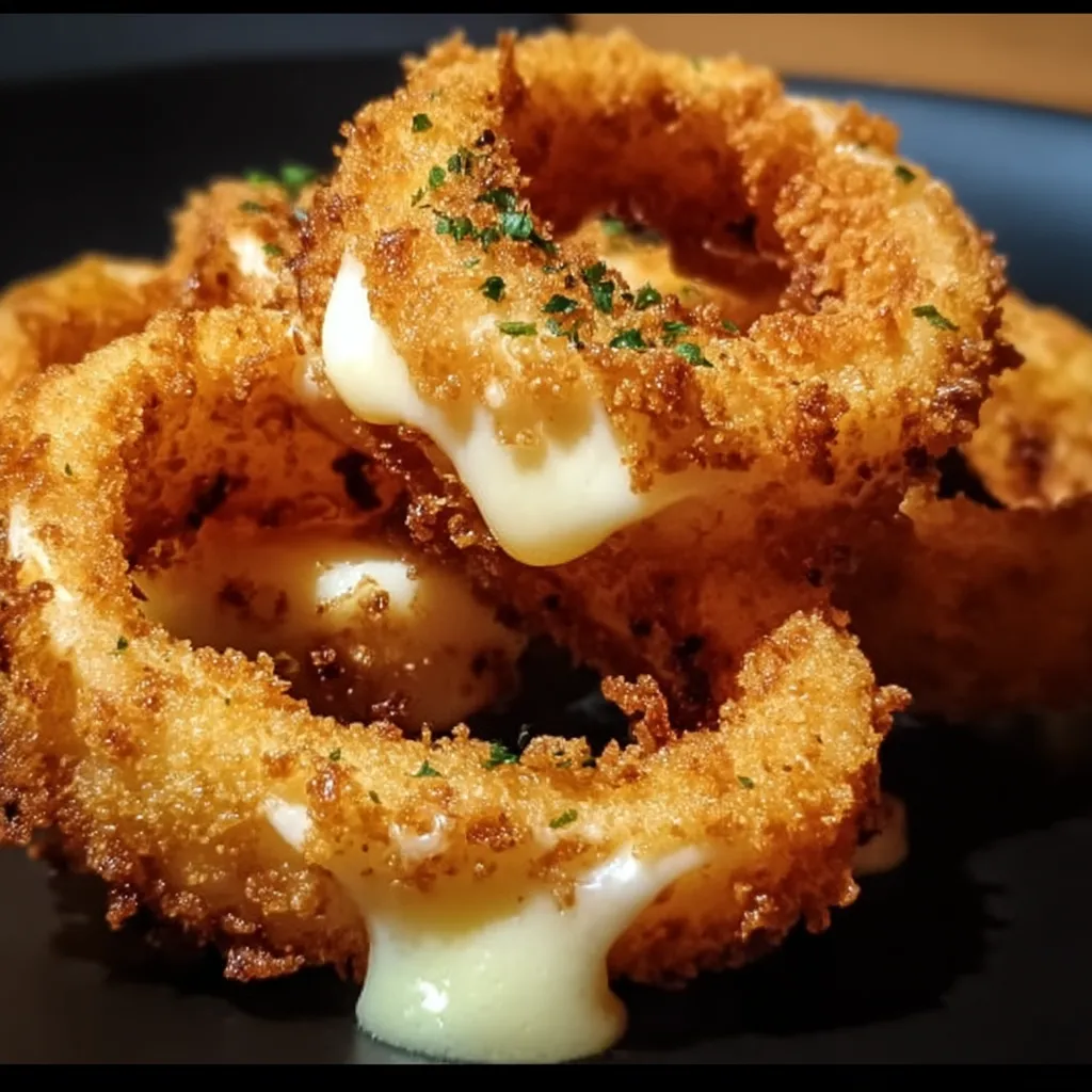 Cheesy stuffed mozzarella onion rings.