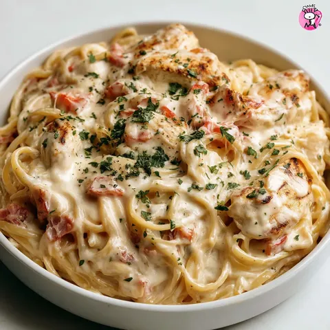 A bowl of chicken spaghetti.