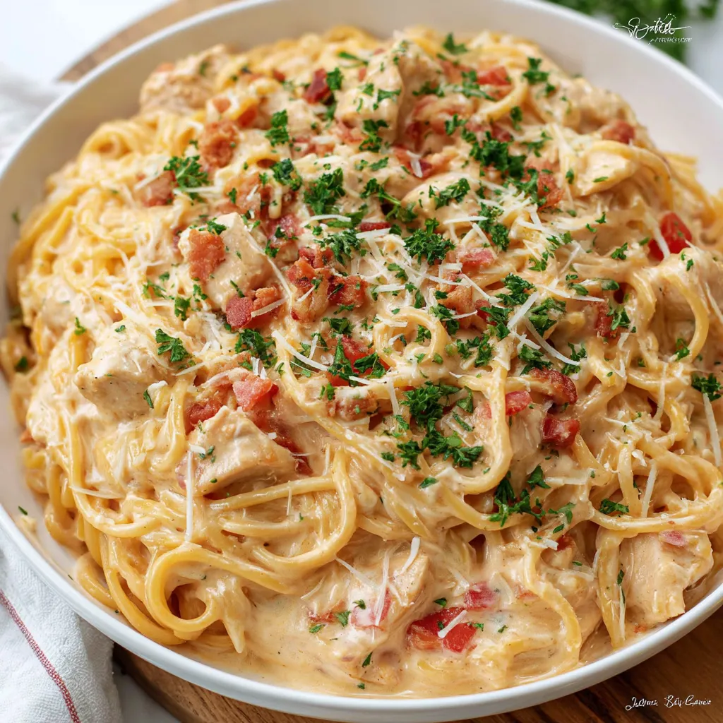 A plate of chicken spaghetti with cheese and tomatoes.