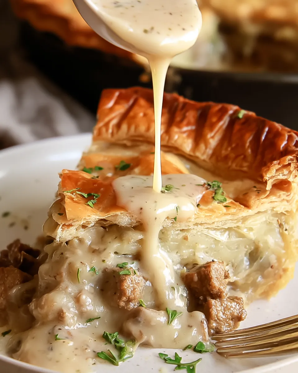 A piece of pie with sauce drizzled on it.