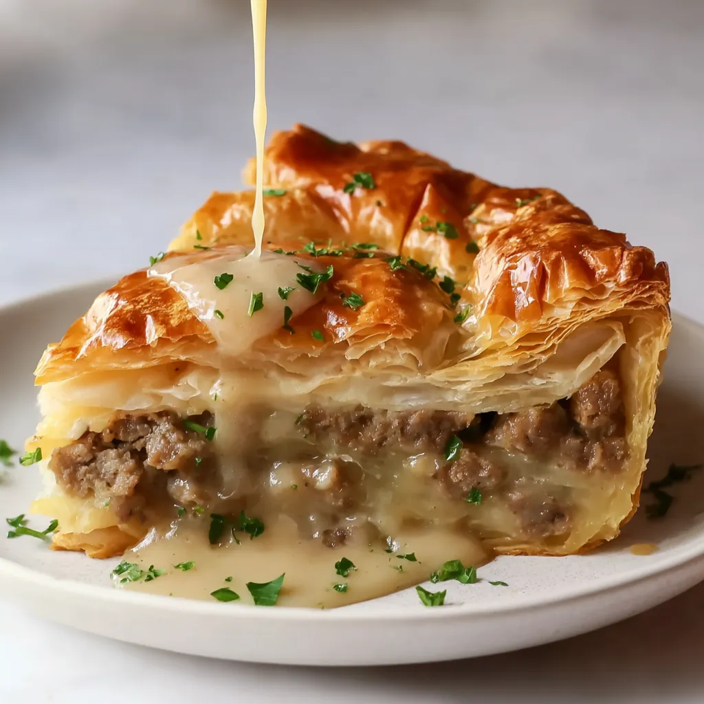 A piece of meat pie with sauce on a plate.